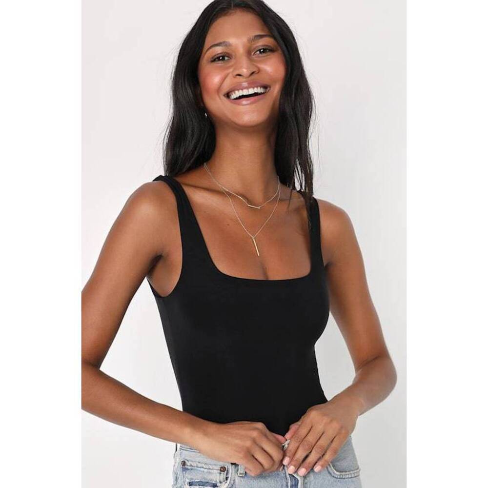 Lulus Sophisticated Ease Black Knit Square Neck Bodysuit - Size S fits like xxs